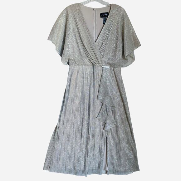 Joseph Ribkoff Midi Dress Sz 10 Silver V Neck Half Sleeve Ruched Bride Mother - Picture 2 of 11